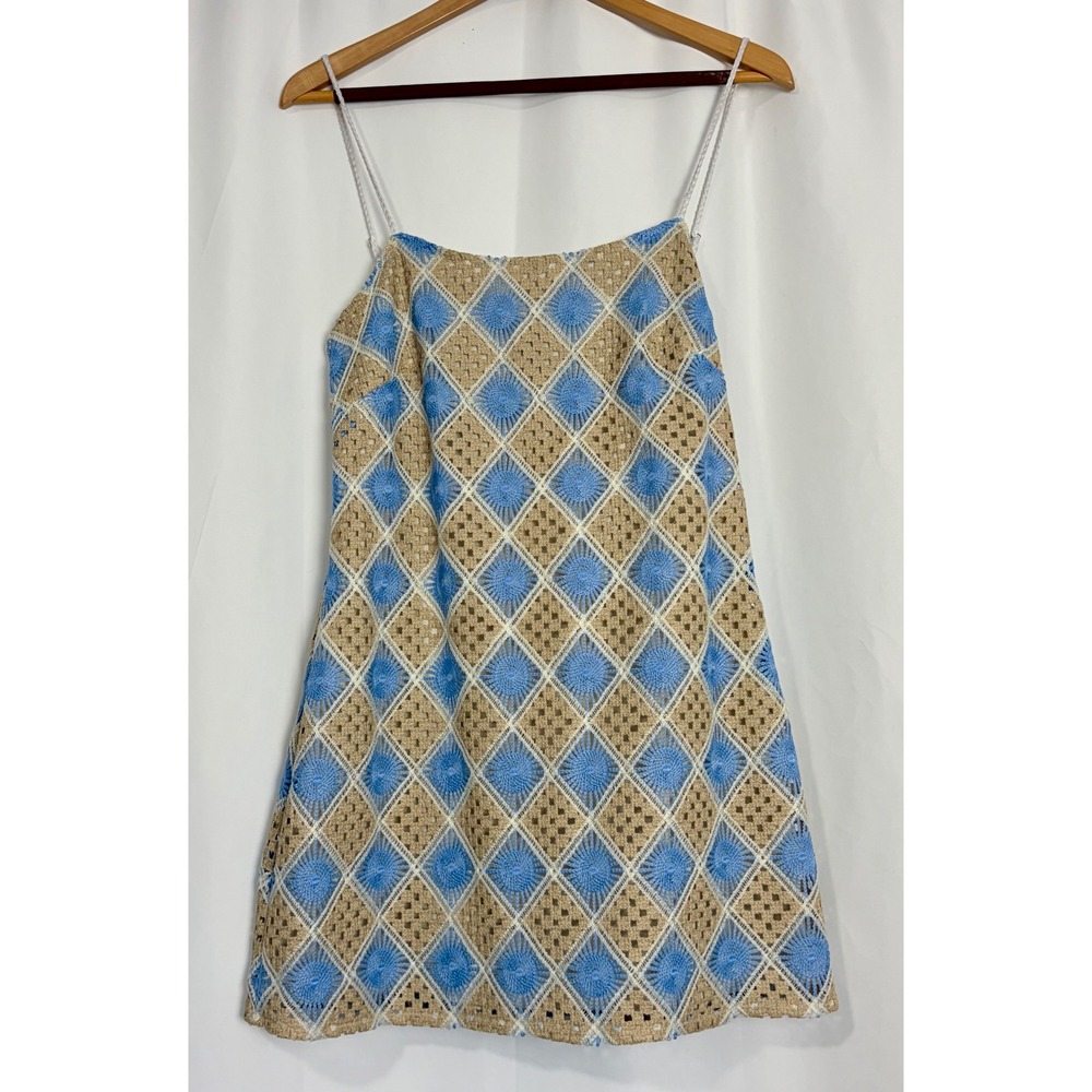 Blue Boho Crochet Diamond Women's Mini Dress Large Festival Euro Summer Resort